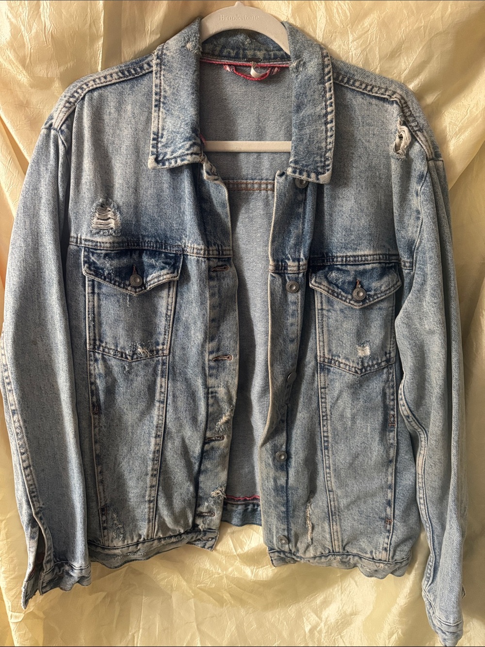 Free People Light Wash Distressed Denim Jean Jacket